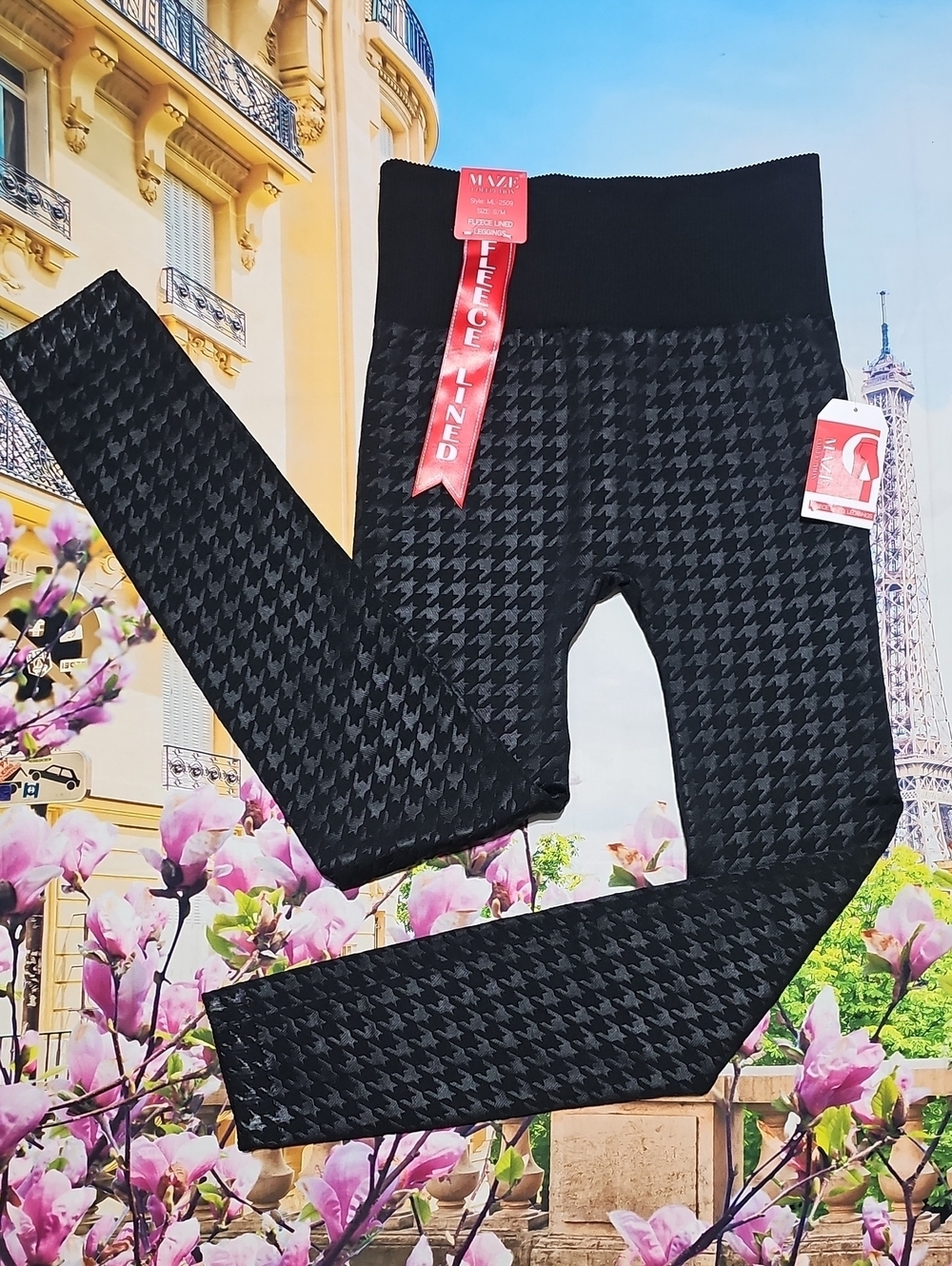 Maze Fleece-Lined Houndstooth Leggings High Waist Black S/M New